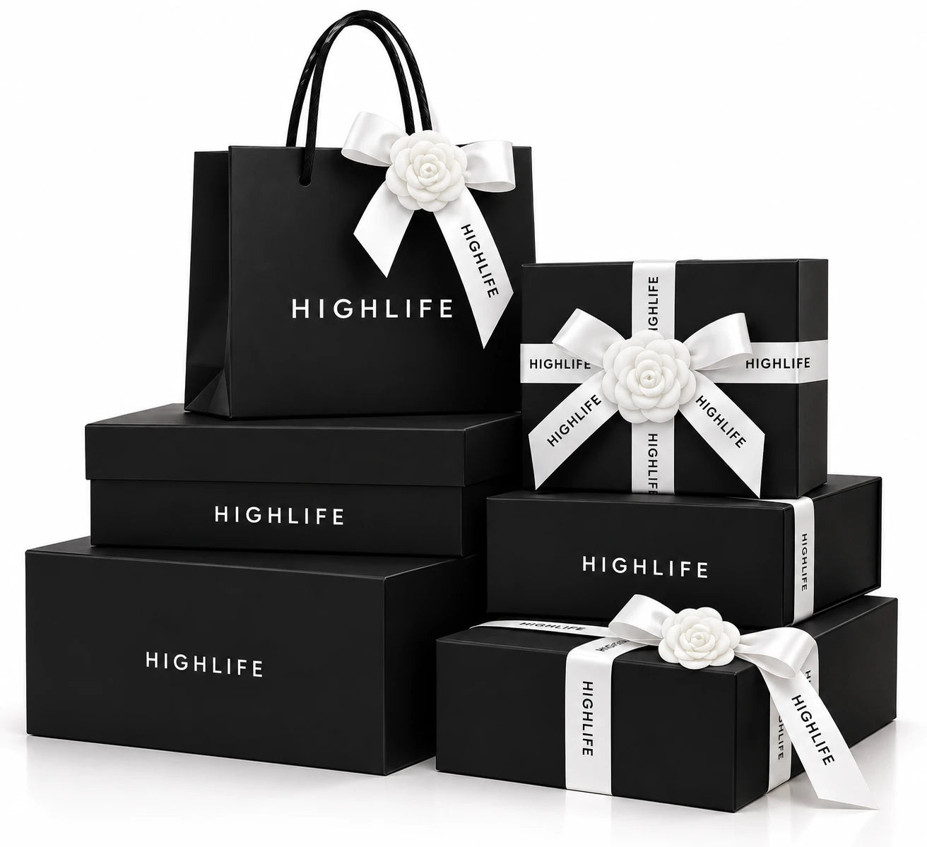 Stack of HighLife Luxury Hair gift boxes and a shopping bag