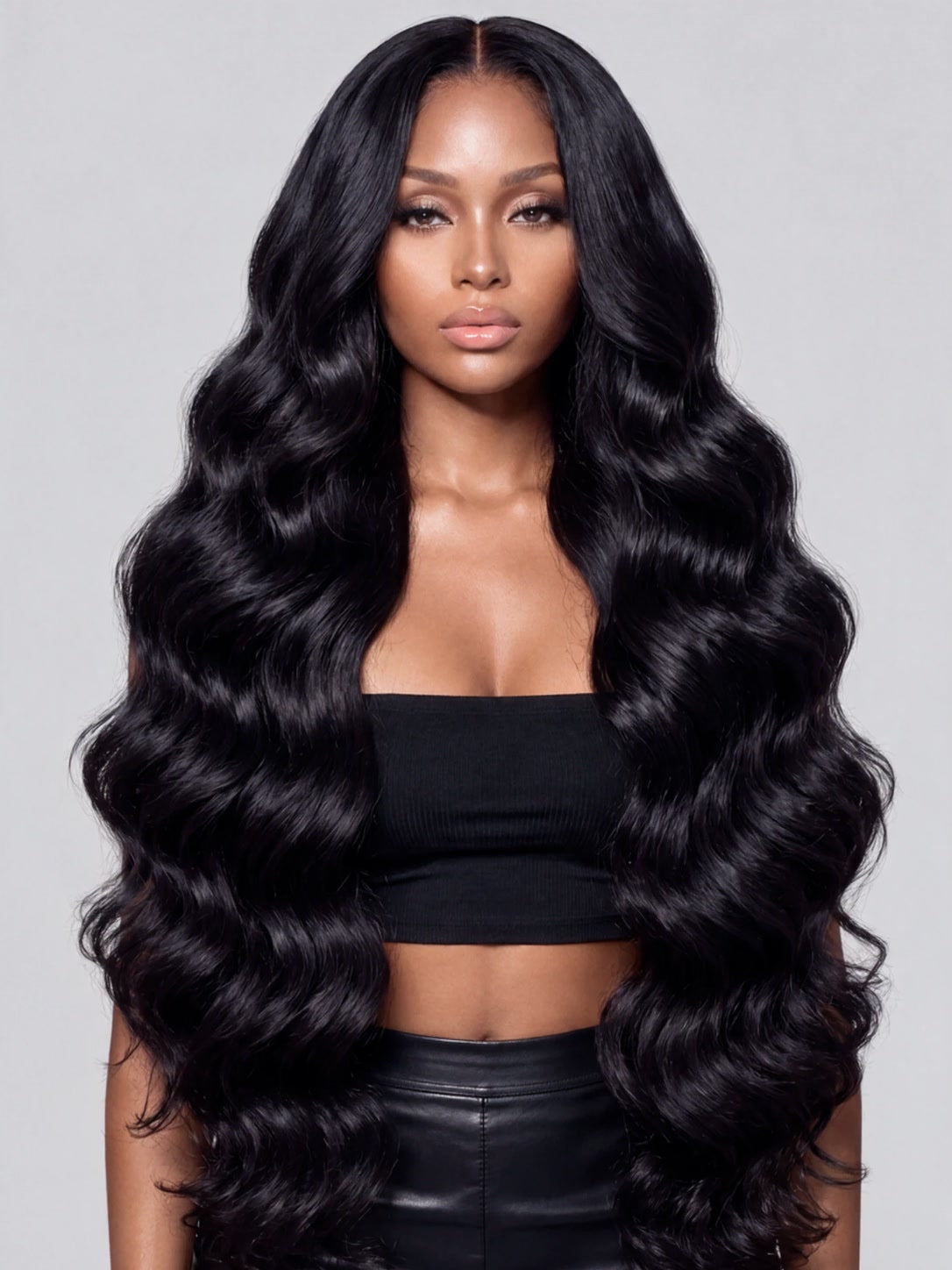 Santorini body wave wig, styled on model